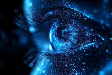 Futuristic close-up of a digital eye with glowing particles