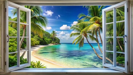 Tropical Beach View from Window: An idyllic tropical beach scene viewed from a window, showcasing swaying palm trees, crystal-clear turquoise water.