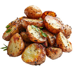 roasted baby potatoes side view on white background
