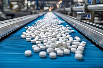 Pharmaceutical production line with white tablets on conveyor belt