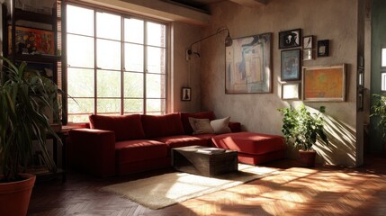 Fototapeta premium Sunlit living room with red sectional sofa.