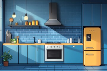 Modern Blue Kitchen Interior Design with Contemporary Appliances and Decorative Details