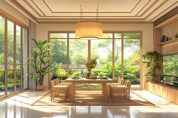 Fototapeta premium Modern Interior Design Dining Room with Natural Light and Greenery - Elegant Yet Minimalist Space