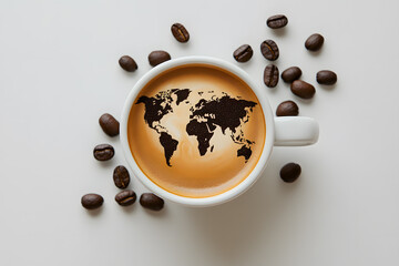 World map latte art in a coffee cup with beans