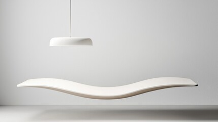 A minimalist white floating bed with a hanging lamp.