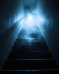 Mysterious staircase shrouded in fog and dim light