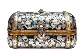 Exquisite antique silver mother of pearl box intricately hand carved floral design dark background gleaming accents