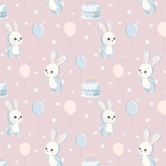 Birthday with cute bunnies with balloons and cake pattern seamless