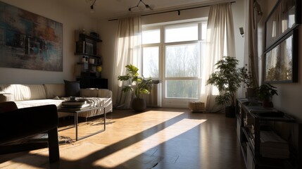 Sunlight streams into a minimalist living room, illuminating a beige sofa and hardwood floors.