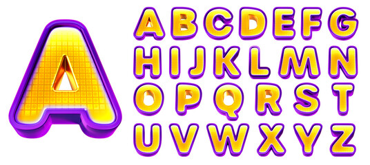 Alphabet on transparent BG. Isolated Gold 3D style of English Alphabet with violet edge