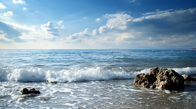 Ocean waves rolling onto sandy beach with rocks under a blue sky.