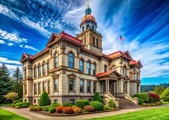 Historical Building on a Sunny Day: A stately historic building is set against a backdrop of a vibrant blue sky with fluffy clouds. The architecture, framed by lush green landscaping.