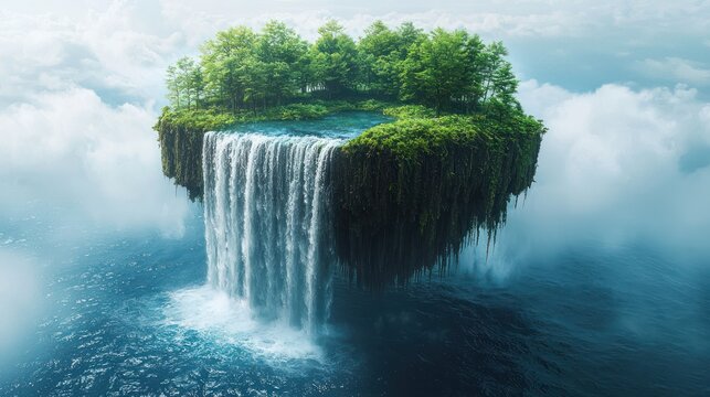 Floating island paradise with lush vegetation and waterfall cascading into ocean clouds