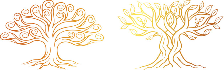 golden Tree with Intertwining Roots and Branches Line Art Vector | Decorative Nature Pattern Design
