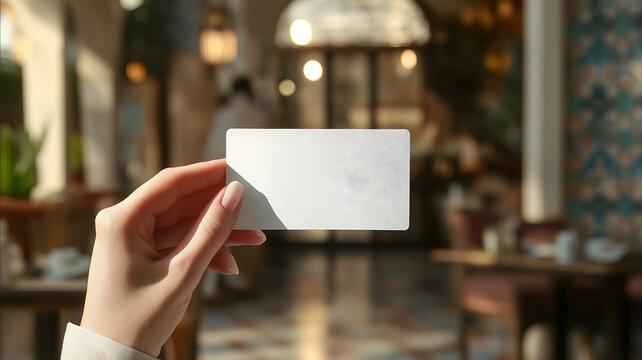a realistic female hand holding blank loyalty card in the middle east cafe