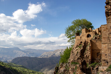  View of the settlement Gamsutl - an ancient village in Dagestan at an altitude of 1500 meters above sea level. At present, the settlement has been abandoned by people. The ghost village is unique 