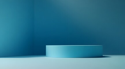 Minimalist blue interior with circular platform in simple geometric setting