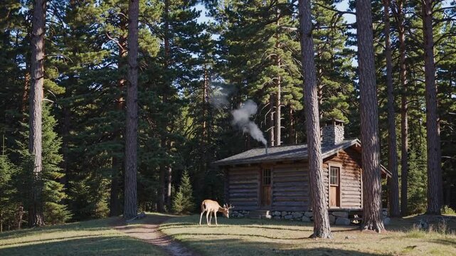 Tranquil cabin in forest with deer nearby, peaceful nature retreat