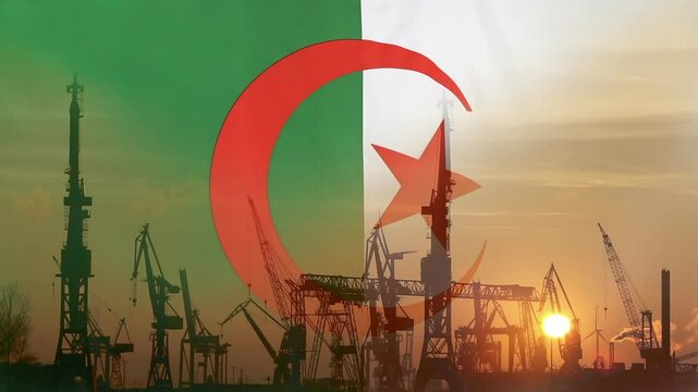 Industrial concept with Algeria flag at sunset, silhouette of container harbor