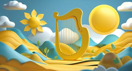 yellow theme Sunshine harp wind hills 3d render concept background design