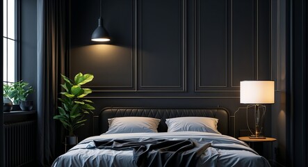 black theme ambient lamp beside bed 3d render concept background design