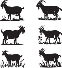 Playful silhouettes of goats in different poses, surrounded by grass, ideal for farm and animal-themed designs.