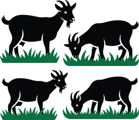  Playful silhouettes of goats in different poses, surrounded by grass, ideal for farm and animal-themed designs.