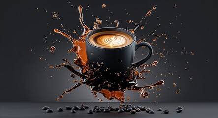 black theme Roasted coffee splash effect 3d render concept background design