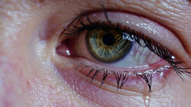 Close-up of emotional eye crying, raw human expression