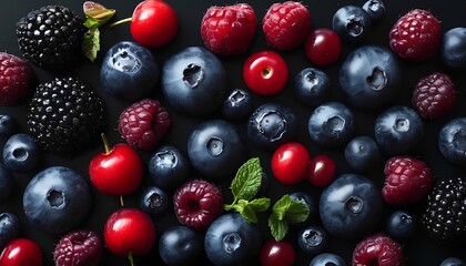 Colorful berry medley kitchen table food photography bright lighting top-down view freshness and flavor