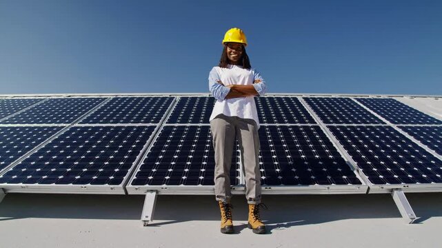 Female engineer standing confidently on rooftop with solar panels