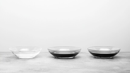Three bowls of different liquids on a white background.