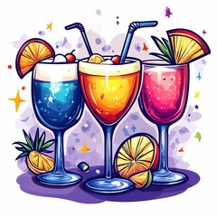 Colorful Cocktails and Refreshing Beverages Vector Art - Tropical Summer Party Drinks with Lime, Lemon, and Orange Illustrations