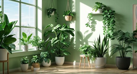 green theme indoor potted plants corner 3d render concept background design