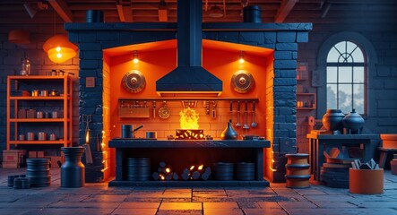 orange theme glowing forge workshop 3d render concept background design