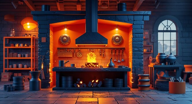 orange theme glowing forge workshop 3d render concept background design