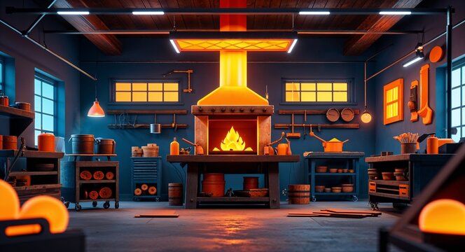 orange theme glowing forge workshop 3d render concept background design