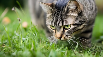 Obraz premium Tabby cat crouches low in green grass stalking prey in natural light.