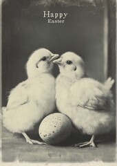 Easter Card with Cute Chicks and Decorative Egg. Monochrome Black And White Style