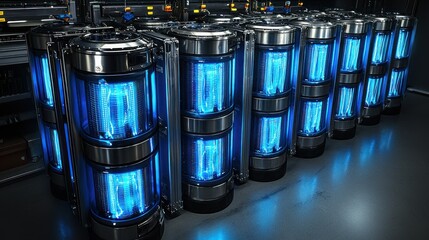 Futuristic energy storage units glowing bright blue