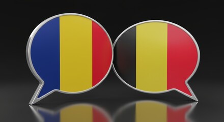 Romania and Belgium Dialogue: 3D Rendering of Glossy Speech Bubbles reflecting