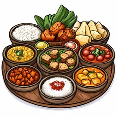 Vibrant Indian Cuisine Platter. Delicious Traditional Meal Recipes with Spices, Rice, and Vegetables