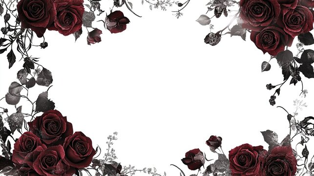 Dark red roses frame on white.