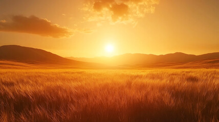 Obraz premium Golden sunset over wheat field with rolling hills and dramatic clouds