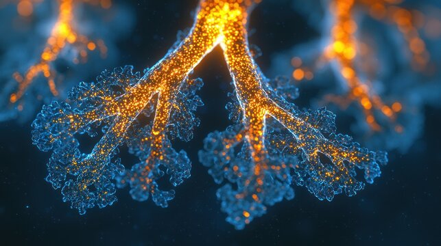 Glowing, branching, particle structure, resembling a network or system - Powered by Adobe