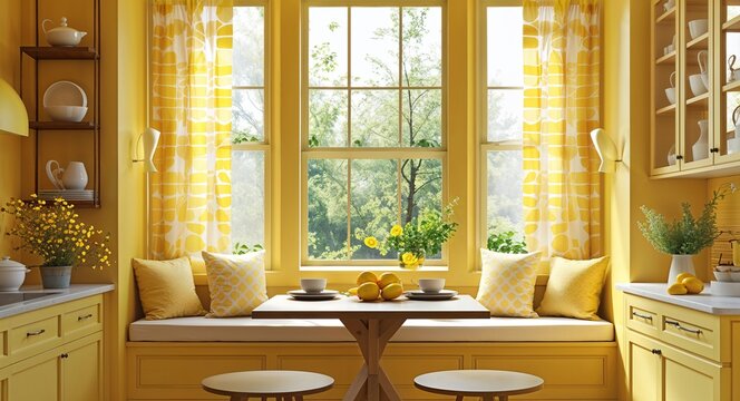yellow theme breakfast nook window light 3d render concept background design