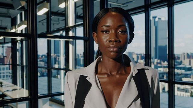 Black female business leader in glass office, serious and confident