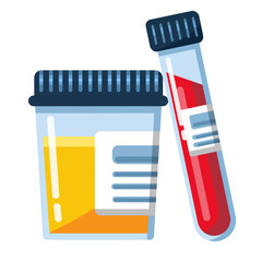 Urine and blood sample for medical test analysis. Samples in glass tube and container jar isolated on white background. Suitable elements for medical laboratory, biochemistry and medical analysis. PNG
