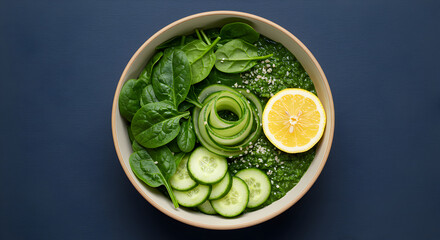 Obraz premium Fresh Green Power Bowl Composed Of Spinach Cucumber Lemon For Healthy Eating