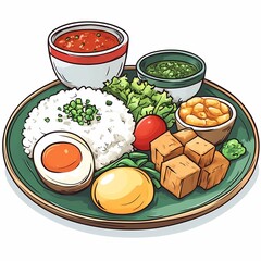 Delicious Asian Cuisine on a Plate. Healthy Rice, Egg, Tofu, & Vegetables - Discover Colorful Comfort Food and Flavors in Restaurant Style Meals